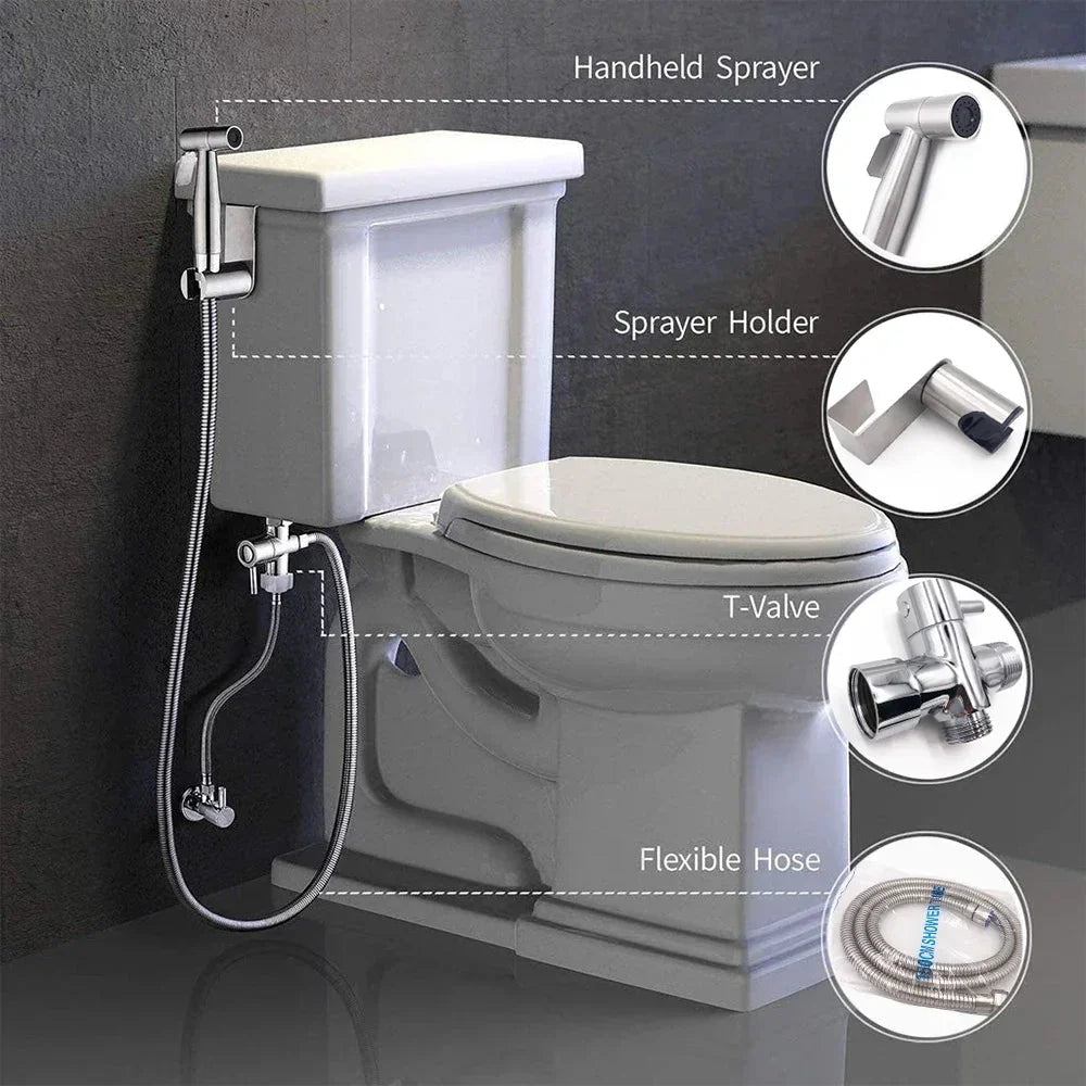 CleanJet™ – Handbidet Sproeikop - Set met Slang & T - Stuk - Telune